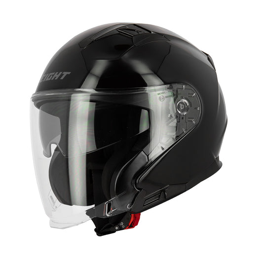 casque jet noir brillant avec visière protectrice et aération supérieure, pour motards exigeants