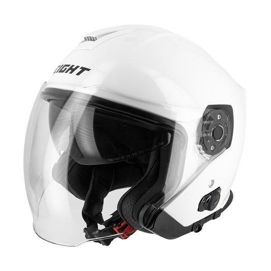 Casque jet blanc avec double écran solaire intégré et système Bluetooth, idéal pour scooter ou moto urbaine