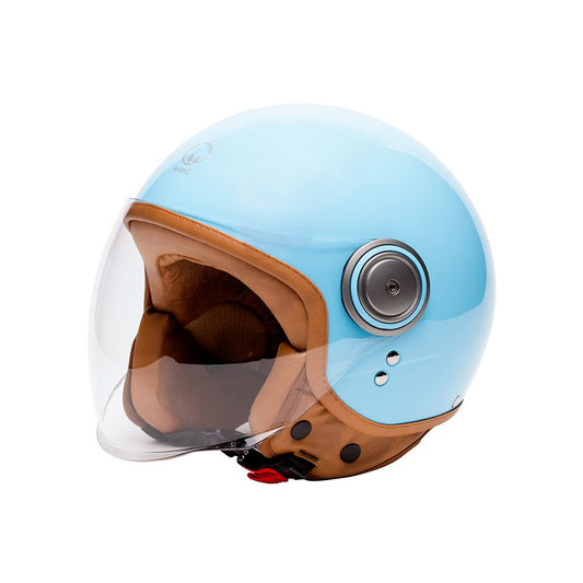 casque jet vintage bleu ciel avec intérieur camel, visière longue et look rétro inspiré des années 60