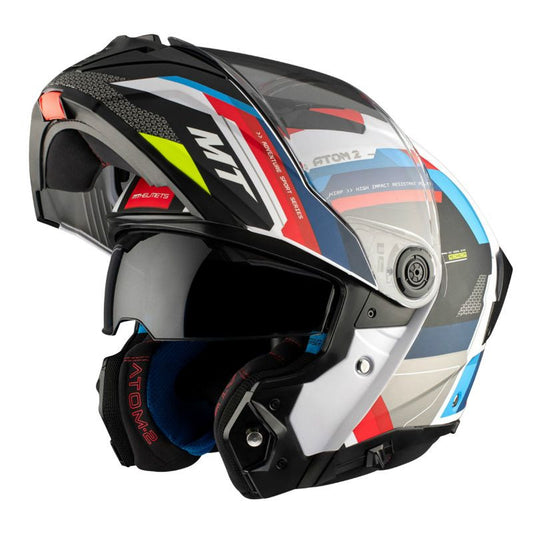 Casque moto modulable MT Atom 2 multicolore bleu rouge noir avec double écran et déco racing brillante