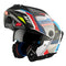 Casque moto modulable MT Atom 2 multicolore bleu rouge noir avec double écran et déco racing brillante