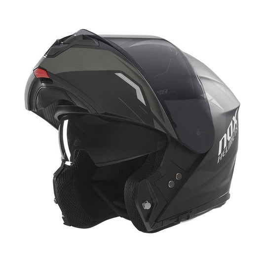 Casque moto modulable noir effet carbone avec logo NOX, homologué et compatible Bluetooth pour motards connectés