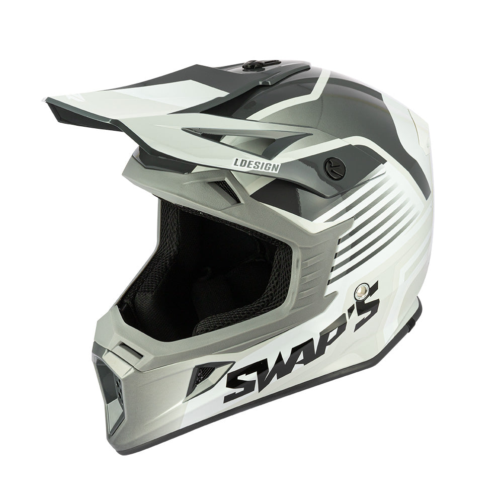 Casque moto cross adulte gris et blanc homologué ECE R22-06 avec boucle double D et intérieur antibactérien lavable