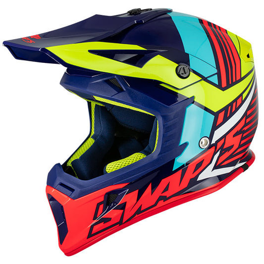 Casque moto cross pas cher Swaps multicolore homologué ECE R22-06 avec boucle double D et intérieur lavable pour tout-terrain