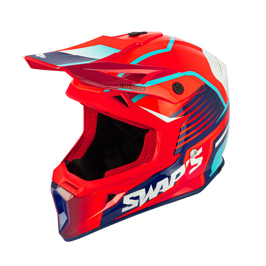 Casque moto cross Swaps rouge bleu et blanc homologué ECE R22-06 avec intérieur lavable et boucle double D