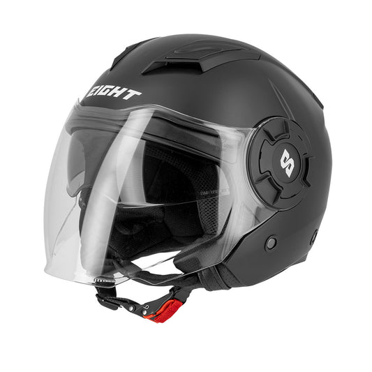 casque jet noir mat pour moto, design urbain avec visière longue et molette latérale ergonomique