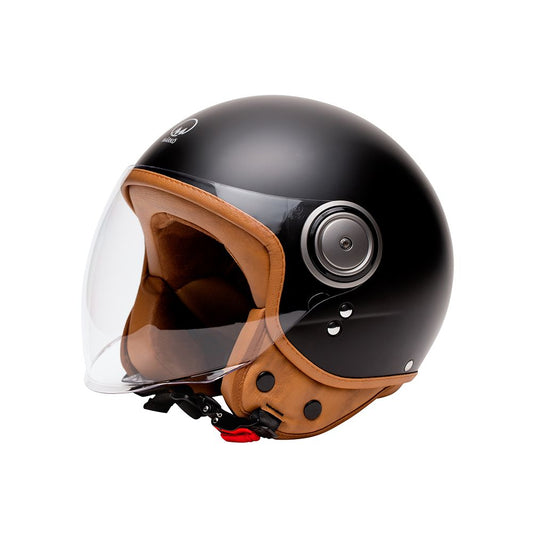 asque moto jet noir brillant avec intérieur camel, style rétro chic pour motards urbains