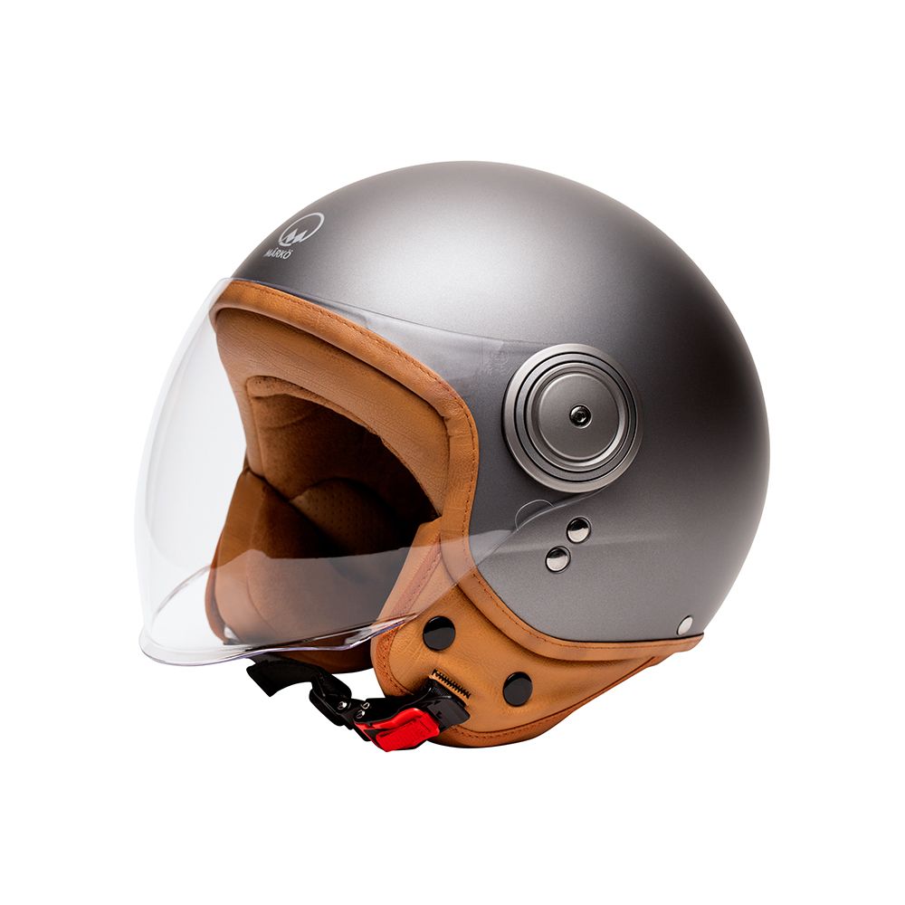 casque jet vintage gris mat finition métal avec intérieur camel, confort et look rétro élégant