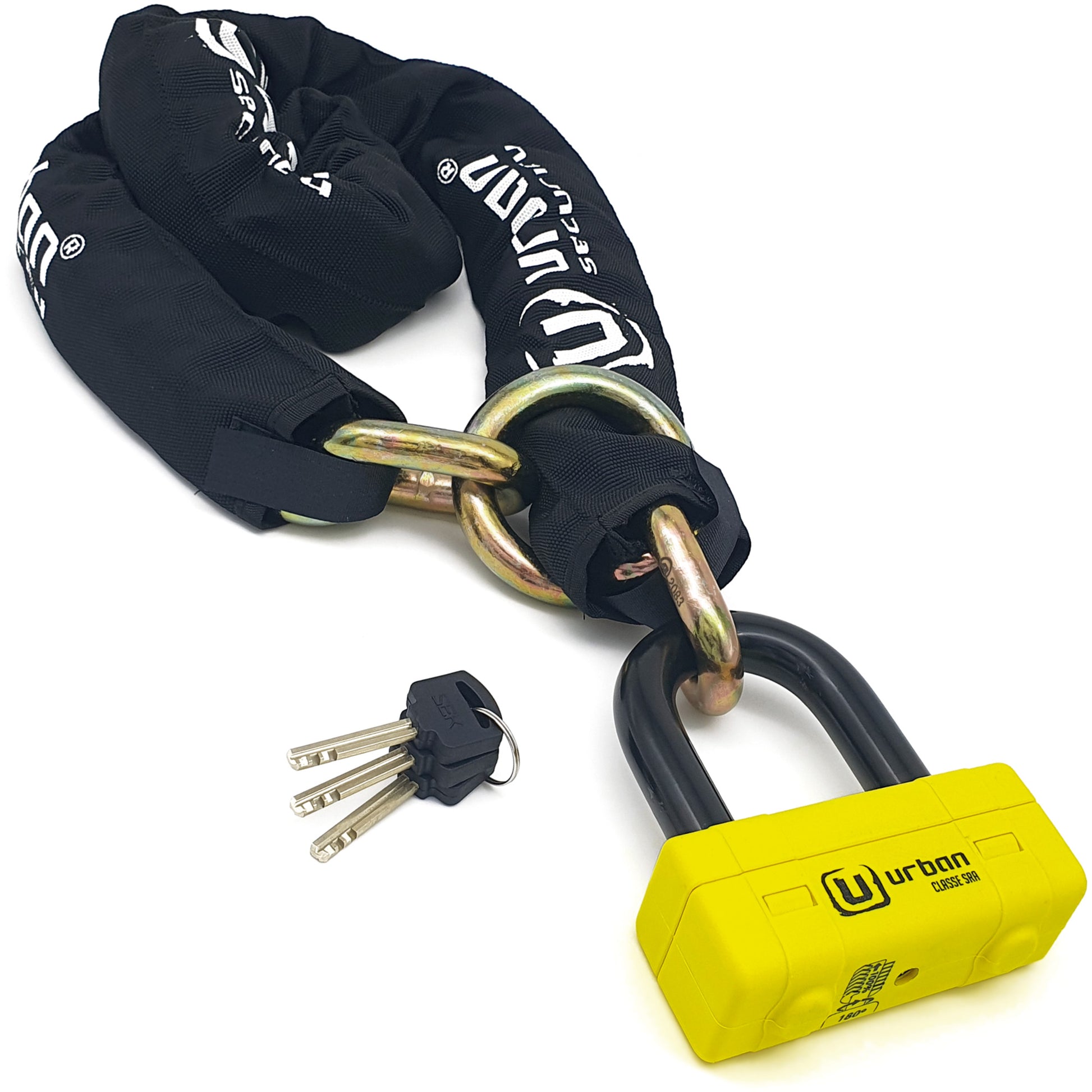 Chaîne antivol moto SRA Urban 120cm avec mini U en acier trempé haute sécurité pour scooter ou moto
