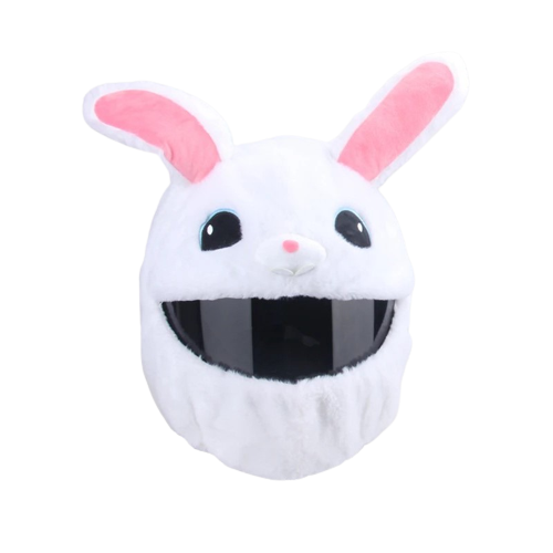 Couvre casque moto lapin avec grandes oreilles blanches, housse douce et fantaisie pour casque intégral, style original et amusant