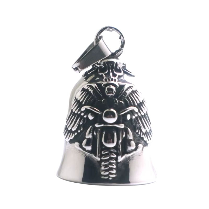 Guardian Bell Ange Biker en métal poli, ange gardien sur moto détaillé.