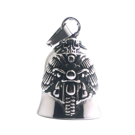 Guardian Bell Ange Biker en métal poli, ange gardien sur moto détaillé.