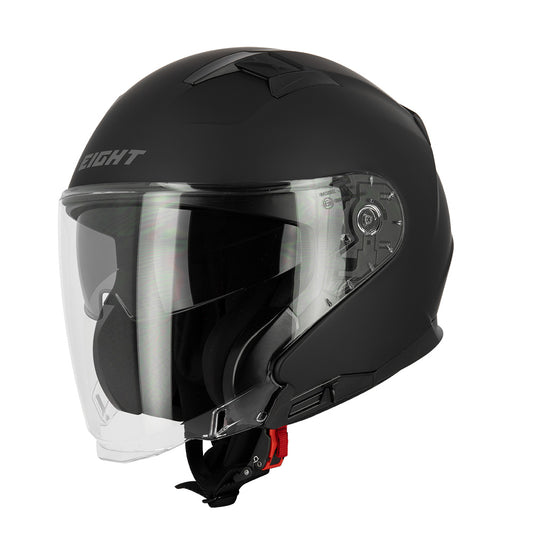 casque moto jet noir mat avec visière longue, protection renforcée et style moderne