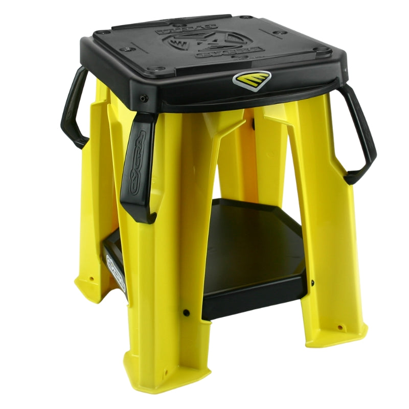 levage moto jaune Cycra pour Suzuki, en composite résistant, plateau caoutchouc antidérapant, poignées latérales, support 220 kg