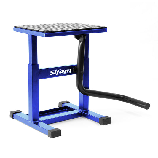 lève moto cross bleu en acier réglable 30 à 39 cm, avec plateau caoutchouc antidérapant, supporte 160 kg