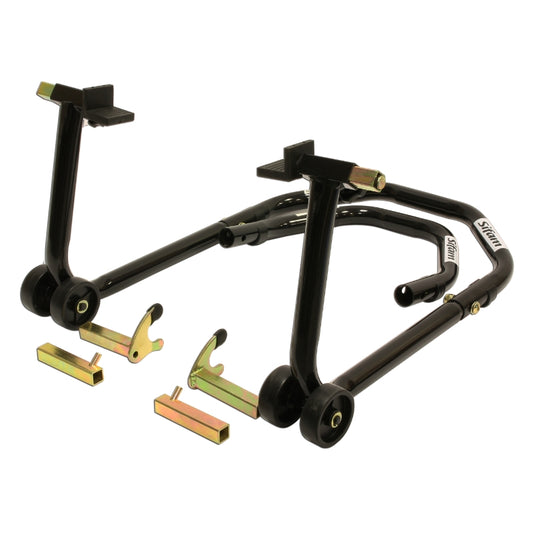 lève moto avant et arrière universel en acier, avec adaptateurs en L et V, compatible diabolos et bras classiques, charge 160 kg