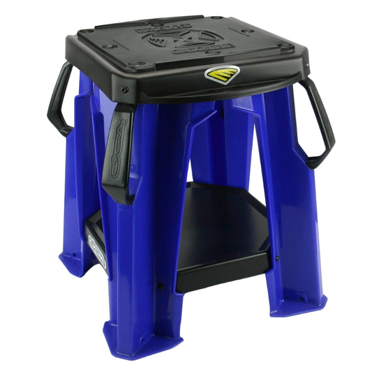 lève roue moto bleu Cycra en composite, support 220 kg avec pieds extra-larges et plateau caoutchouc antidérapant, idéal atelier ou terrain