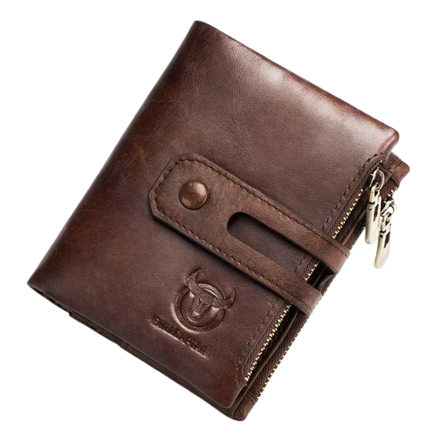 Portefeuille Homme Cuir Véritable Charmoni - Compact Avec Fermetures Éclair Et Passant Ceinture (Marron Foncé)