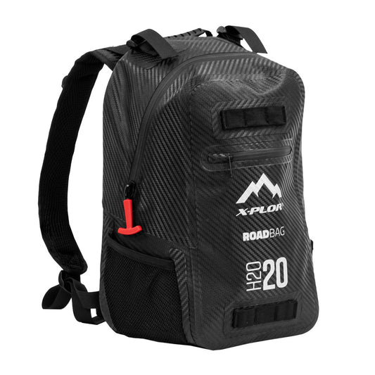Sac à dos moto X-Plor Carbon Series 20L noir, imperméable IPX5, avec compartiment ordinateur et sangles ajustables