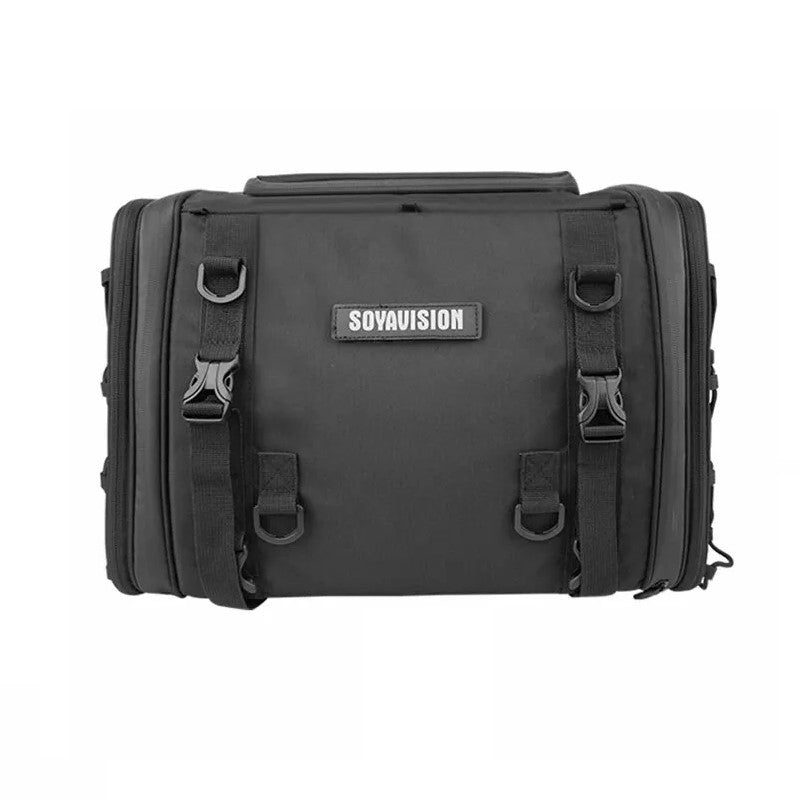 Sacoche de moto Soyavision noire multi-attaches, modèle extensible pour rangement pratique et sécurisé