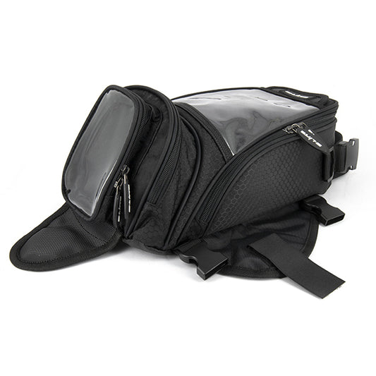 Sacoche de réservoir moto aimantée S-Line noire, avec multiples poches zippées et fenêtre tactile pour GPS ou smartphone