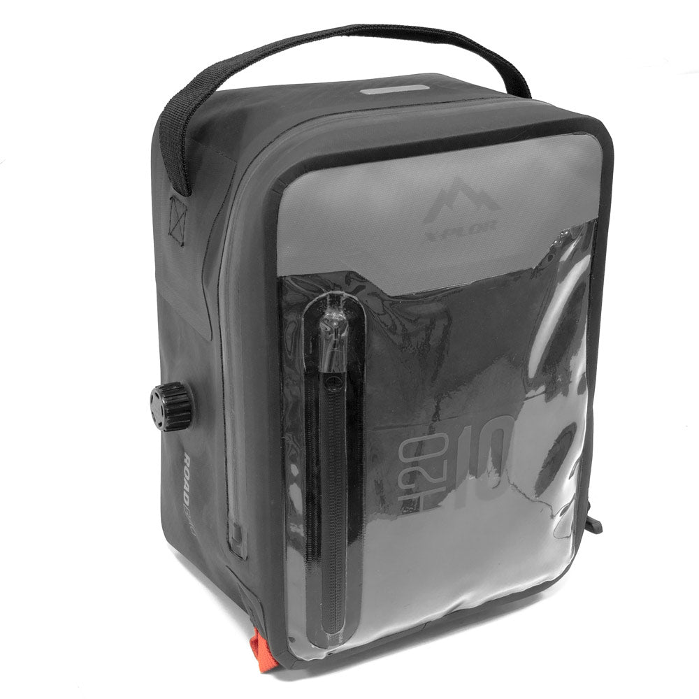 Sacoche de réservoir moto étanche rigide X-Plor noire avec poignée et zip frontal, idéale pour road-trip par tous temps