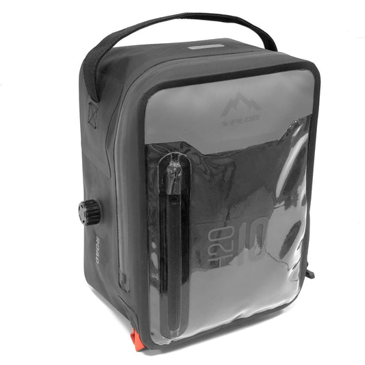 Sacoche de réservoir moto étanche rigide X-Plor noire avec poignée et zip frontal, idéale pour road-trip par tous temps