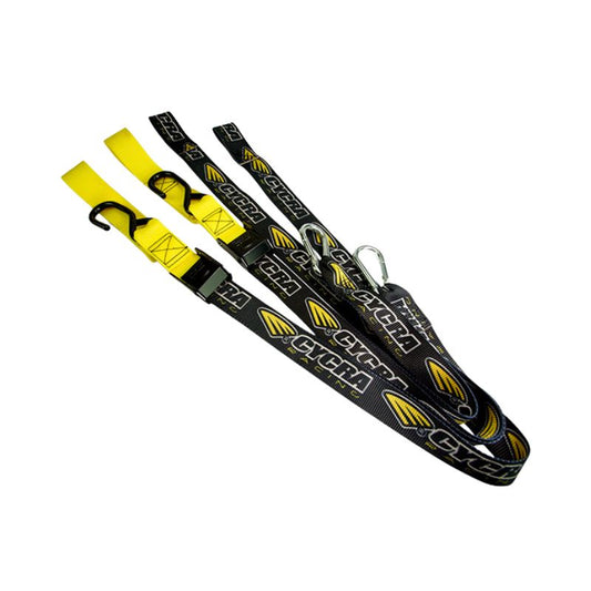 Sangle moto remorque Cycra jaune et noire avec crochet et mousqueton