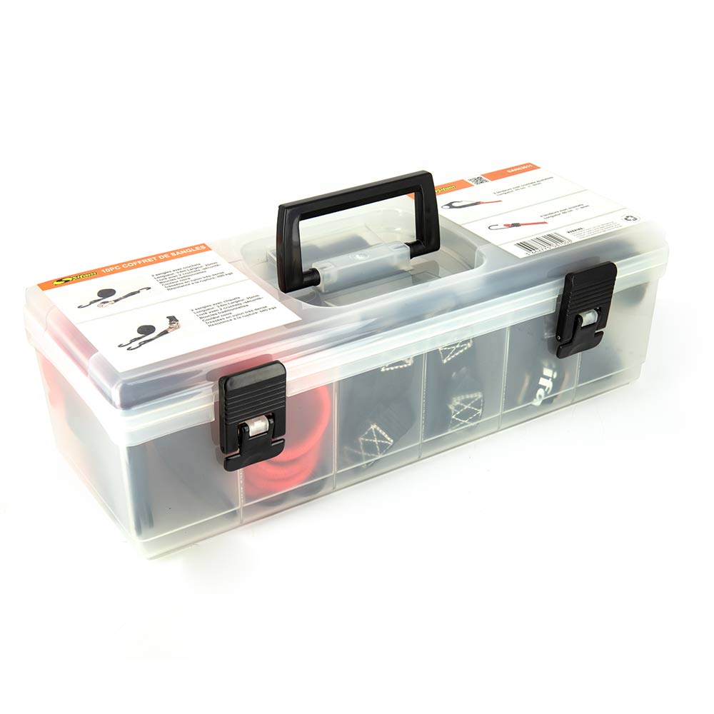 Coffret sangles moto remorque avec crochets sécurité et tendeurs