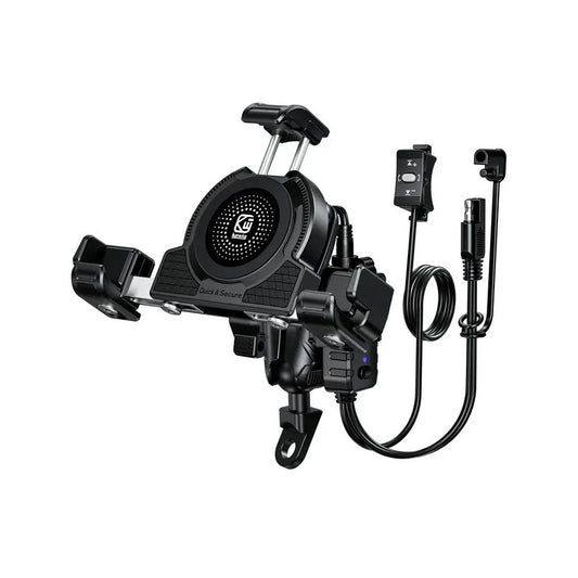 Support téléphone moto avec charge rapide USB-C et commande Bluetooth, fixation rétroviseur, rotatif 360°, aluminium robuste