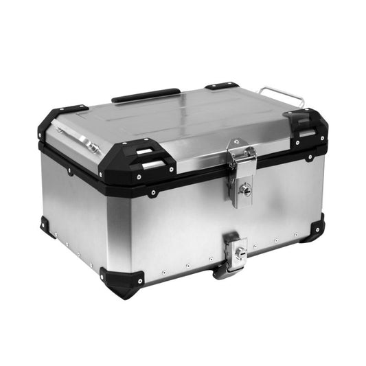 Top case moto 55L aluminium gris argenté X-Plor avec serrure sécurisée, platine rapide et dosseret pour trail ou touring