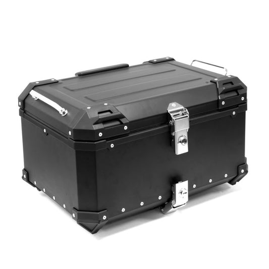 Top case moto 55L aluminium noir X-Plor avec fixation rapide, dosseret confort et verrouillage sécurisé pour trail et touring