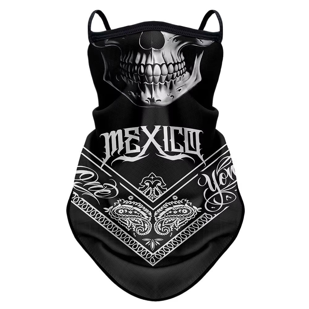 Tour-de-cou-moto-long-tete-de-mort-mexicotour de cou moto long avec motif tête de mort mexico, chaud, respirant, fixation oreilles, compatible casque et météo froide
