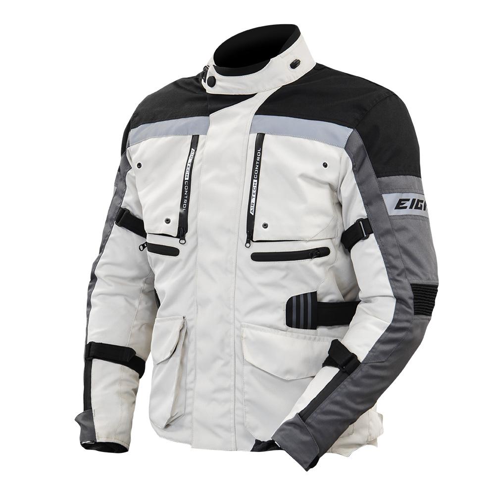 Veste moto Trekk Eight blanche pour homme, 4 saisons avec protections CE épaules et coudes, doublure thermique amovible et ventilation Air Flow Control