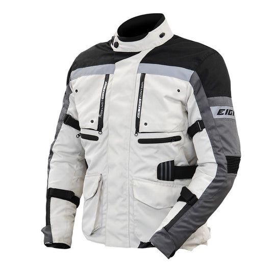 Veste moto Trekk Eight blanche pour homme, 4 saisons avec protections CE épaules et coudes, doublure thermique amovible et ventilation Air Flow Control