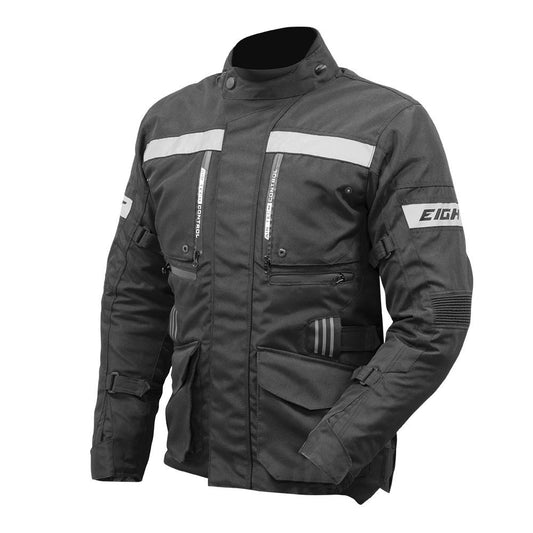 Veste moto Trekk toutes saisons noire pour homme, avec protections CE épaules et coudes, doublure thermique amovible, panneaux de ventilation et bandes réfléchissantes