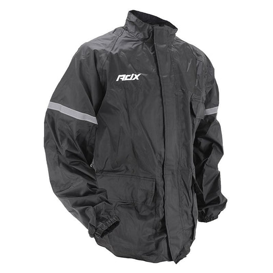 veste de pluie moto imperméable ADX noire unisexe avec bandes réfléchissantes et col doux, idéale sous la pluie