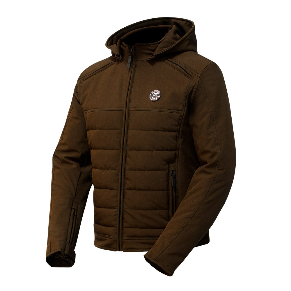 Veste moto hiver marron pour homme Softshell, avec protections CE épaules et coudes, doublure thermique amovible et capuche, tailles XS à 5XL