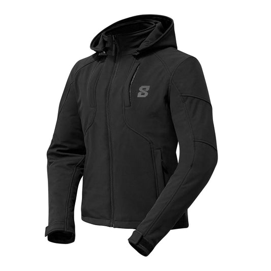 veste moto hiver pour femme noire en polyester avec capuche amovible et protections CE niveau 2 épaules et coudes