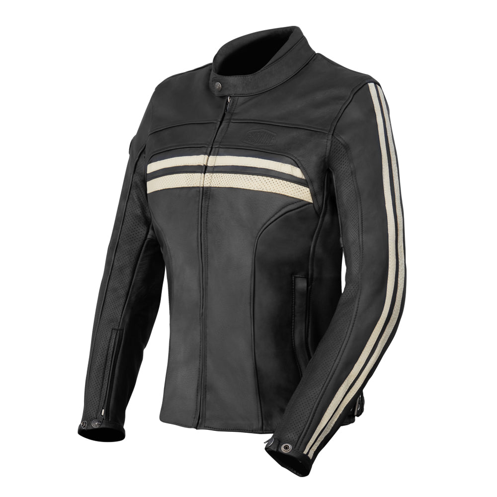 veste moto femme en cuir vintage noir avec bandes beige, protections CE épaules et coudes, doublure thermique amovible