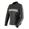 veste moto femme en cuir vintage noir avec bandes beige, protections CE épaules et coudes, doublure thermique amovible