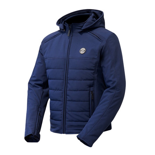 Veste moto hiver bleu pour homme Softshell, protections CE épaules et coudes, doublure thermique amovible et capuche, tailles S à 5XL