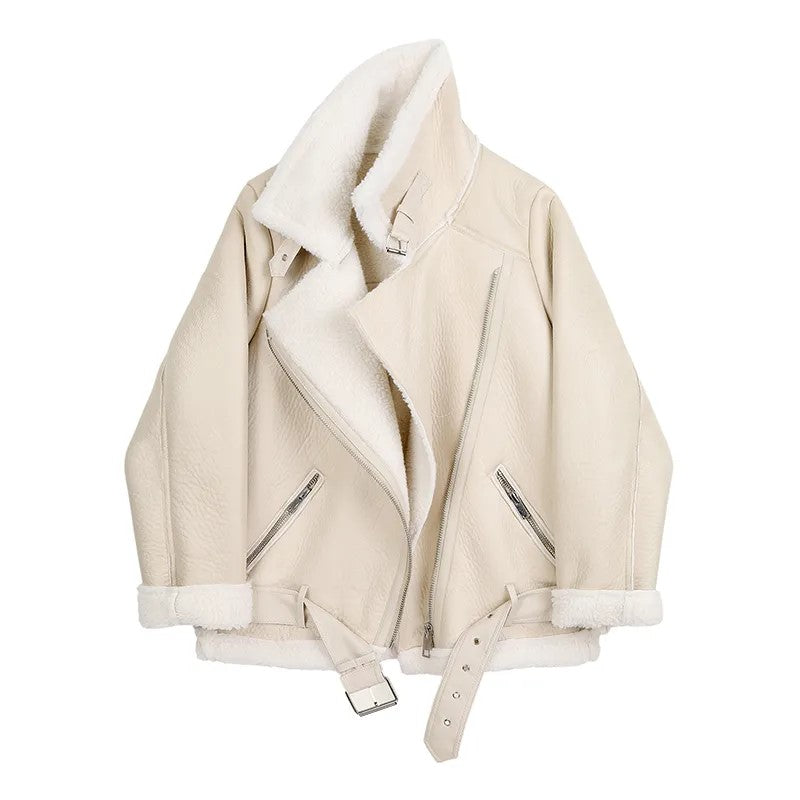 Veste biker fourrure femme beige