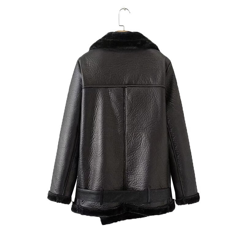 Veste Biker en Simili Cuir avec Fourrure Hiver pour Femme