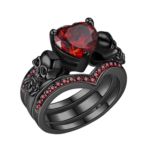 Bague femme tête de mort noire avec cœur rouge et strass gothiques