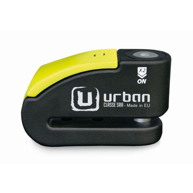 Bloque disque moto SRA Urban 14mm avec alarme 120dB acier noir et jaune étanche LED rouge compact
