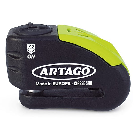 Bloque disque moto SRA Artago 14mm avec alarme 120dB ultra résistant jaune compact