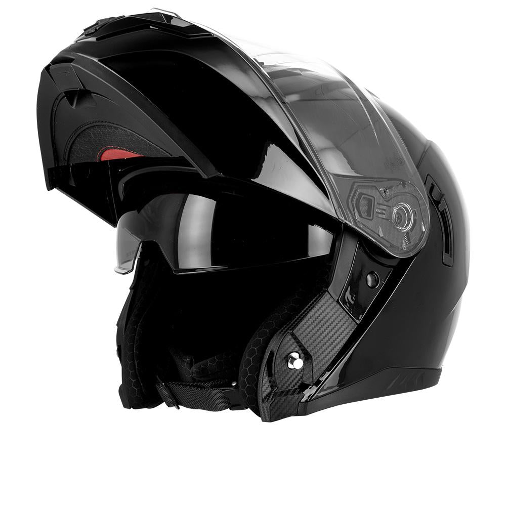 Casque moto noir brillant modulable avec écran solaire intégré, design sobre et protection renforcée