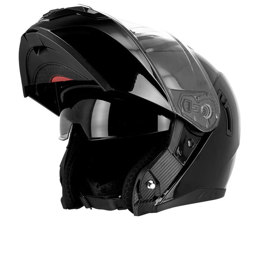 Casque moto noir brillant modulable avec écran solaire intégré, design sobre et protection renforcée