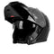 Casque moto noir brillant modulable avec écran solaire intégré, design sobre et protection renforcée